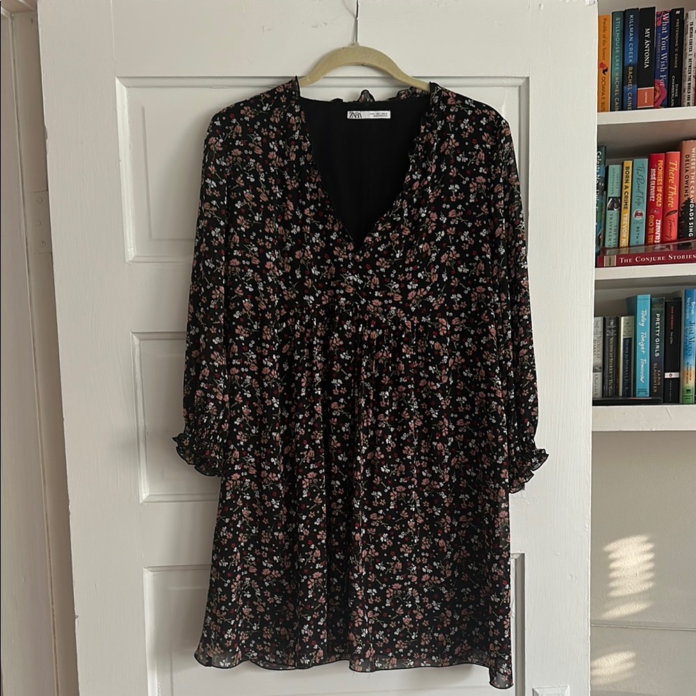 Zara Black Long Sleeve Floral Mini Dress with Pink & Green Flowers
